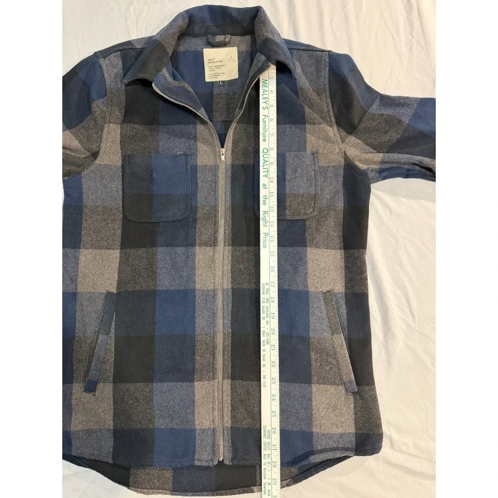 RVLT Revolution Plaid Zip Up Jacket Men's L Blue Gray Flannel Wool Blend #3608